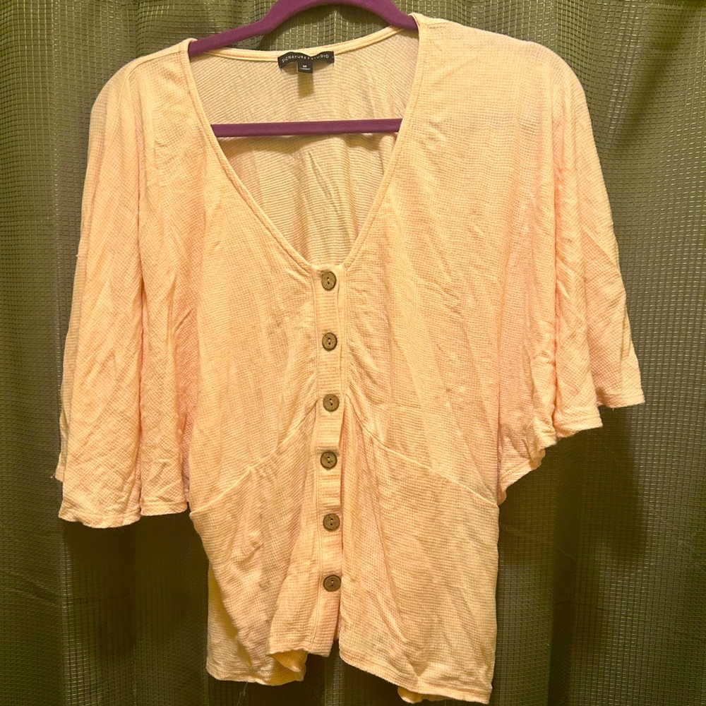 Light pink butterfly sleeve waffle knit top